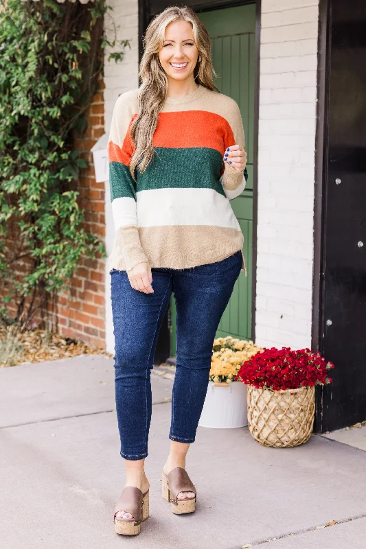 Spice Latte Stripe Sweater, Green-Taupe