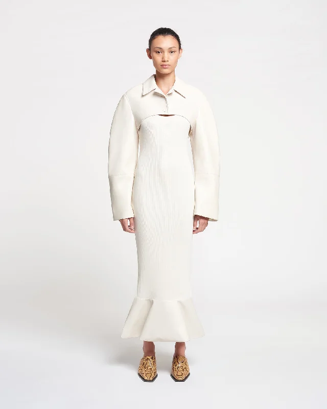 Talulla - Leather-Trimmed Ribbed-Jersey Midi Dress - Creme