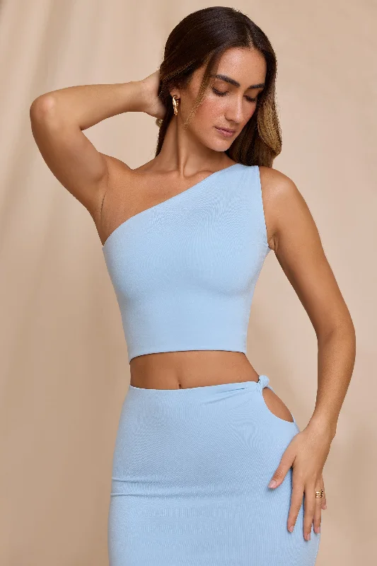 One Shoulder Cut-Out Back Crop Top in Sky Blue