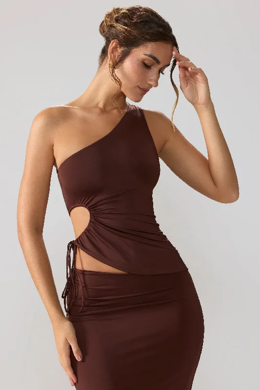 Slinky Jersey Ruched Cut Out One Shoulder Top in Espresso