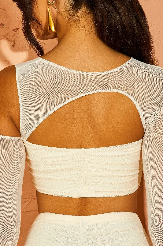 Asymmetric Cowl Neck Cut Out Crop Top in Ivory