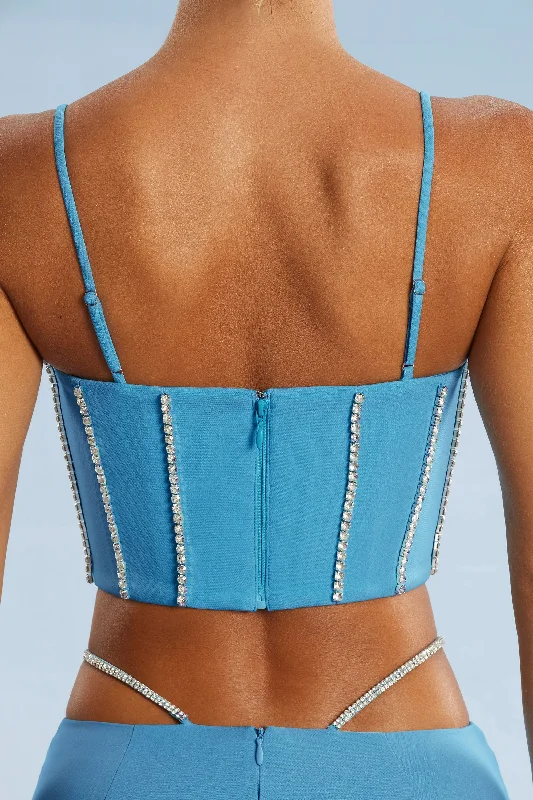 Embellished Corset Crop Top in Blue