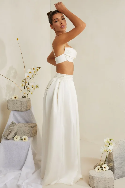 Cowl Neck Heavy Satin Crop Top in White