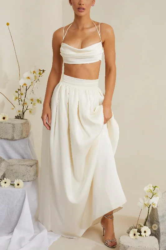 Cowl Neck Heavy Satin Crop Top in White