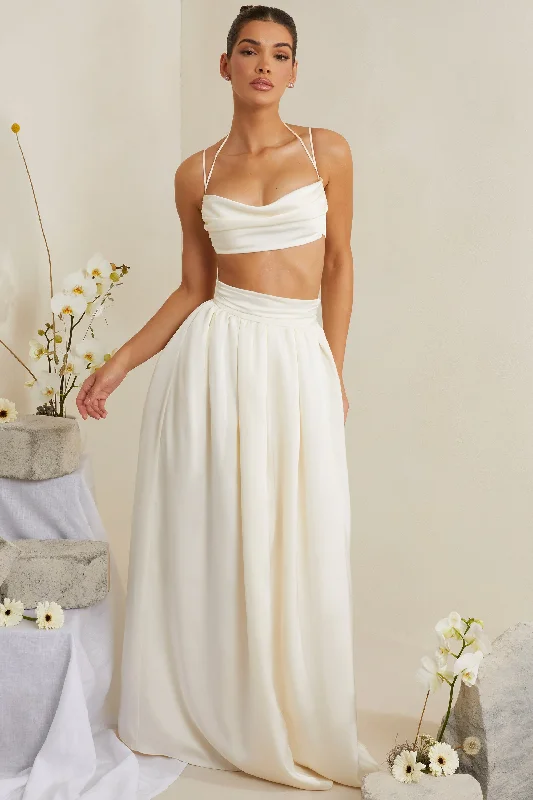 Cowl Neck Heavy Satin Crop Top in White