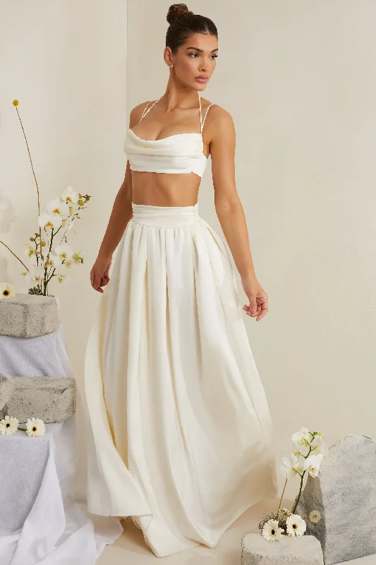 Cowl Neck Heavy Satin Crop Top in White