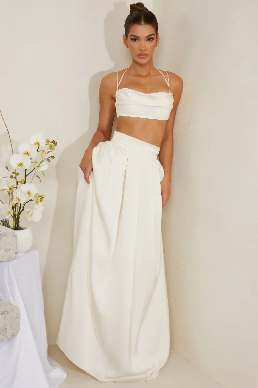 Cowl Neck Heavy Satin Crop Top in White