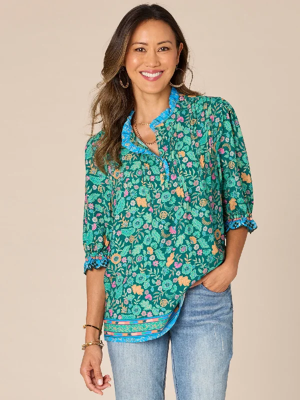 Elbow Scallop Sleeve Ruffle Round Neck Floral Print Woven Top