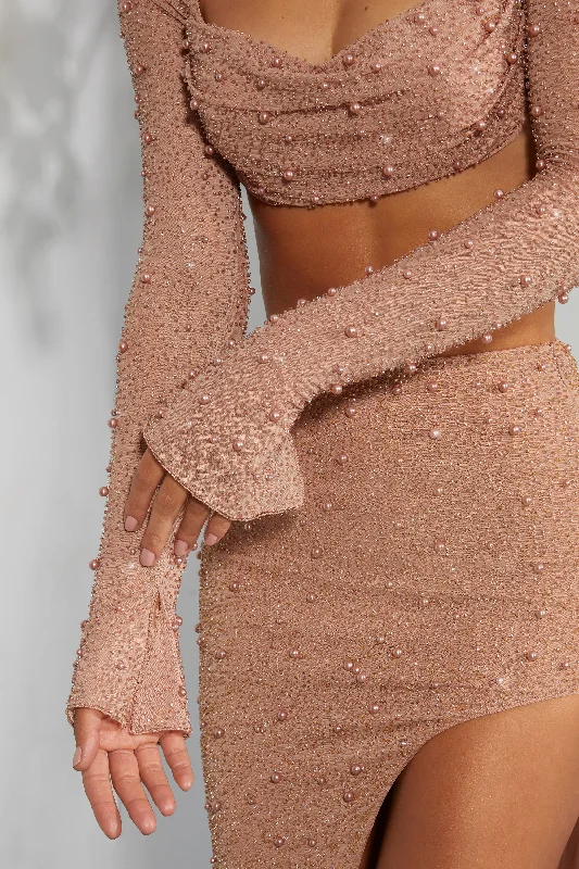 Embellished Cowl Neck Crop Top in Beige