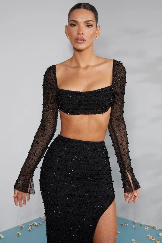 Embellished Cowl Neck Crop Top in Black