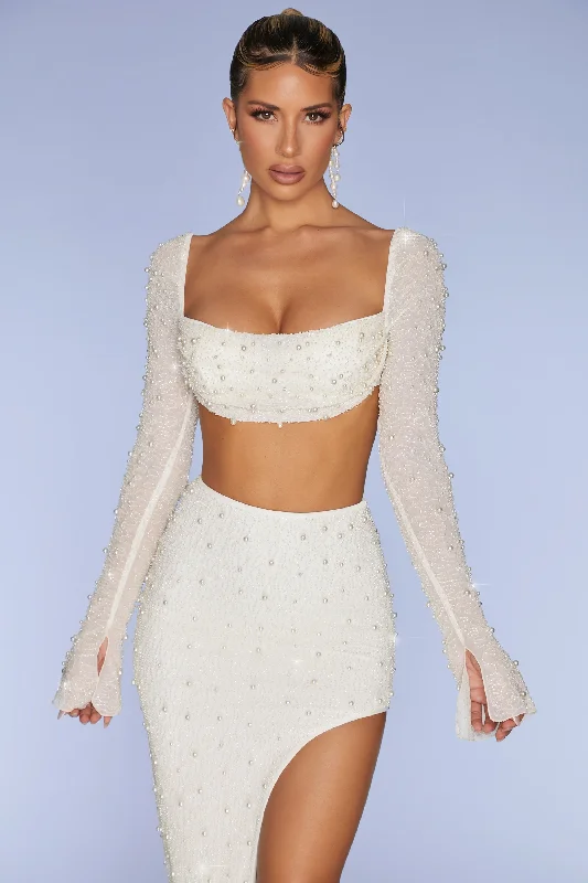 Embellished Cowl Neck Crop Top in Ivory