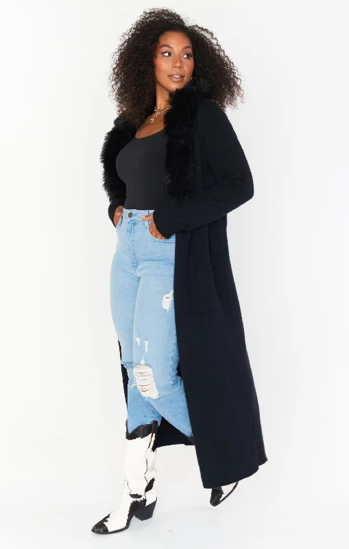 Lombardi Long Cardi ~ Black Knit with Faux Fur