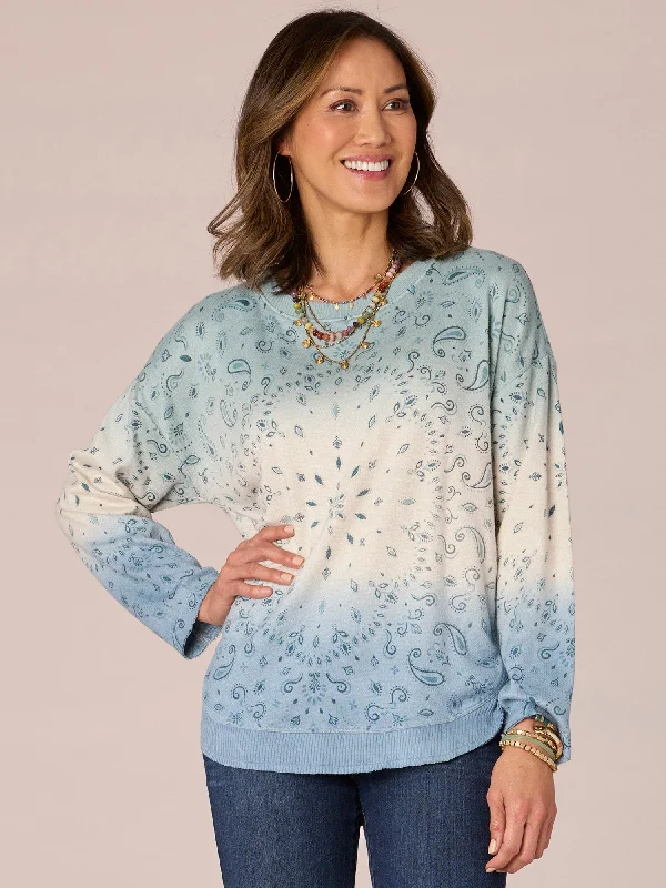 Long Sleeve Scoop Neck Ombre Placement Print Hi-Low Hem Knit Top