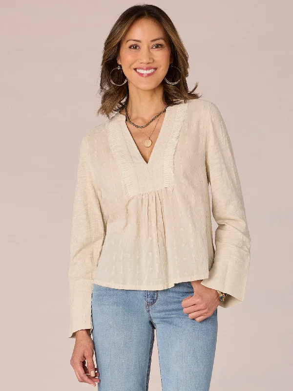 Long Sleeve Split V-Neck Pleat Edge Placket Embroidered Woven Top