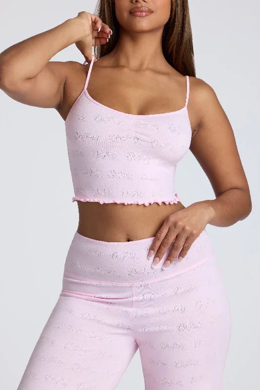 Strappy Ruched Pointelle Crop Top in Baby Pink