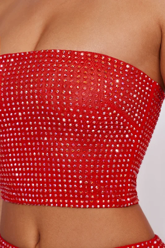 Embellished Strapless Crop Top in Fire Red