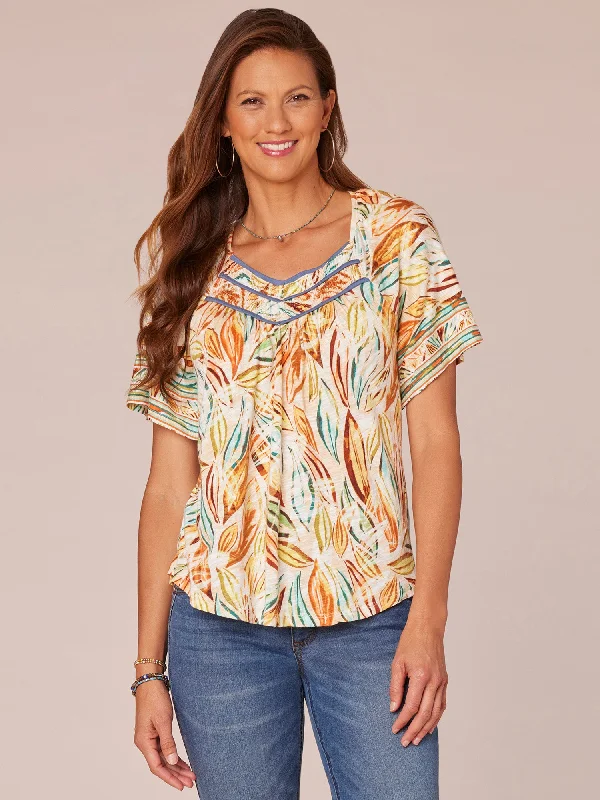 Short Bell Sleeve V-Neck Leaf Print Knit Top with Piping Detail