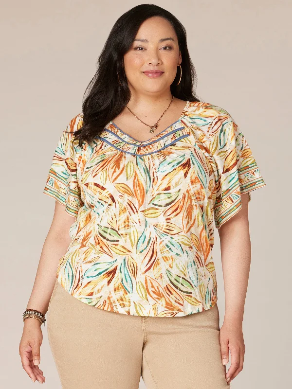 Short Bell Sleeve V-Neck Placement Print Plus Size Knit Top