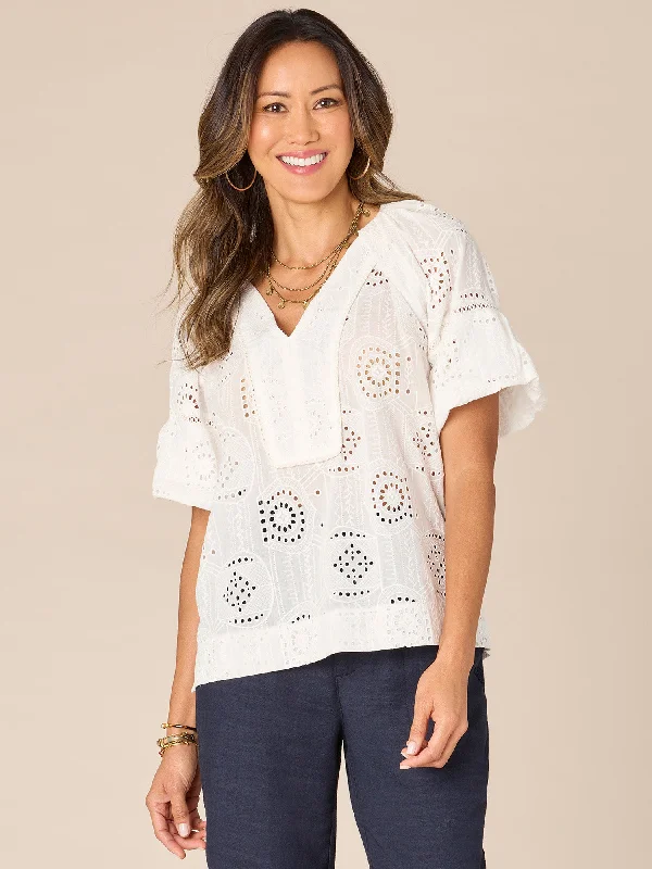 Short Bubble Sleeve Spliced V-Neck Embroidered Woven Top