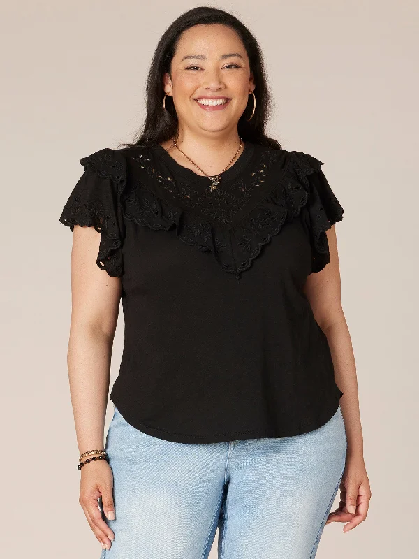 Short Ruffle Raglan Sleeve Scoop Neck V-Yoke Plus Size Knit Top