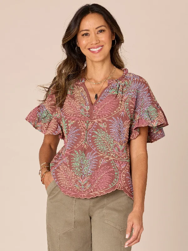 Short Ruffle Sleeve Split Neck Eyelet Printed Petite Woven Top