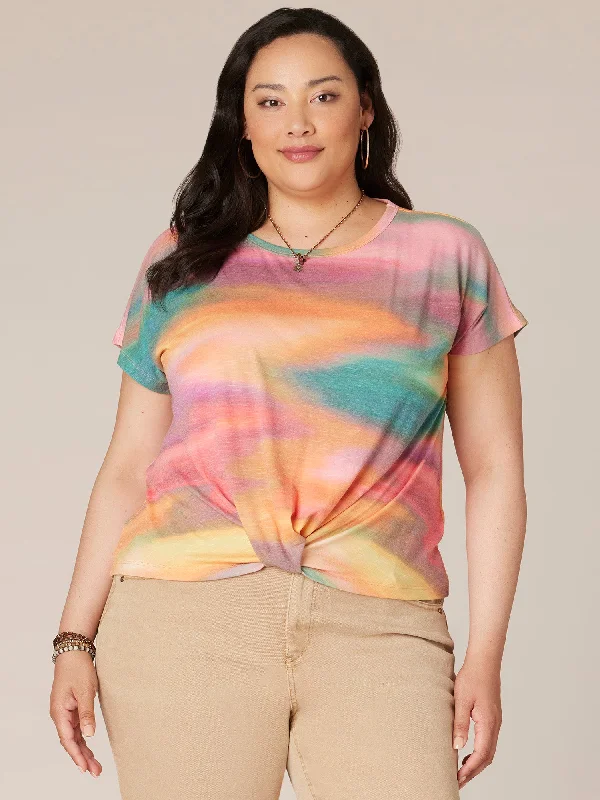 Short Sleeve Scoop Neck Ombre Print Twist Front Hem Plus Size Knit Top