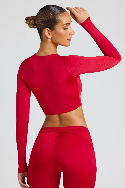 Sheer Panelled Long Sleeve Crop Top in Fire Red