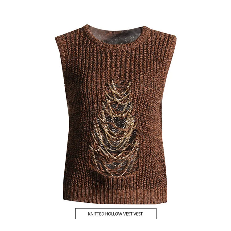 Sweater Vest For Women Round Neck Sleeveless Patchwork Chain Hole Hollow Out Knitted Vest