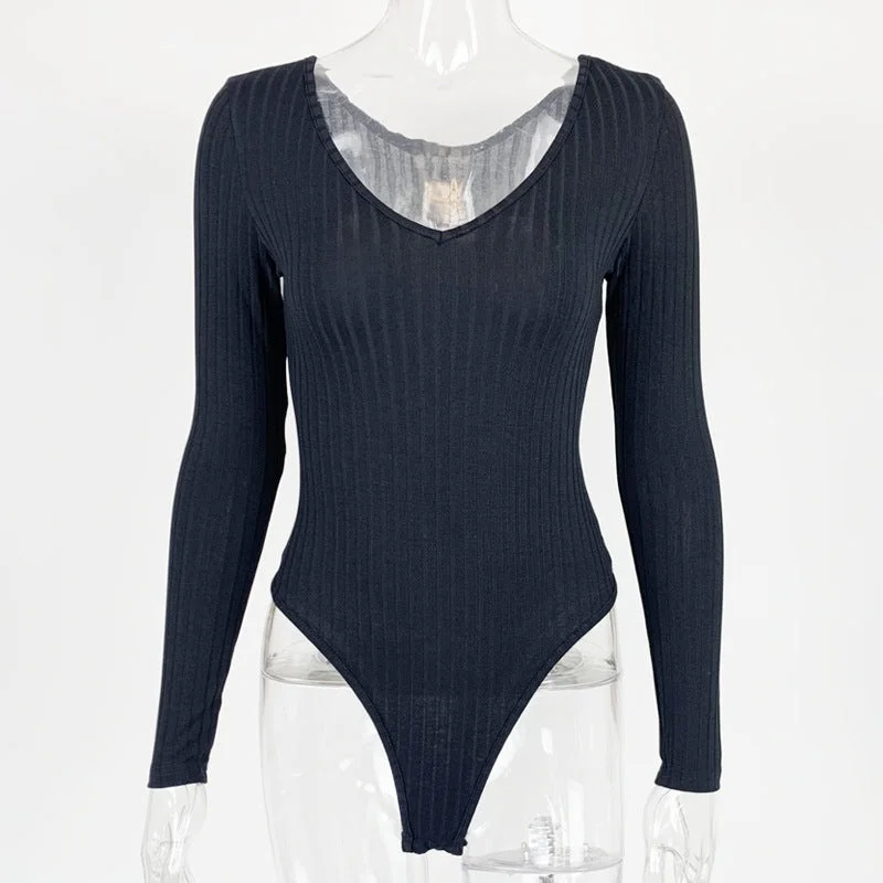 Women Clothing 2022 Custom Logo Deep V Neck Bodysuits Ribbed Long Sleeve Bodysuit Knit Polyester Tight Bodysuits Fall