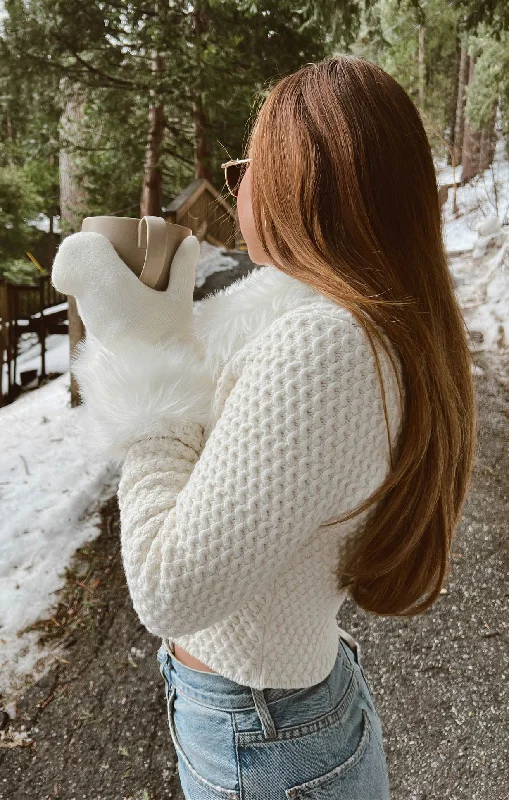 Zermatt Zip Up ~ White Pebble Knit with Faux Fur