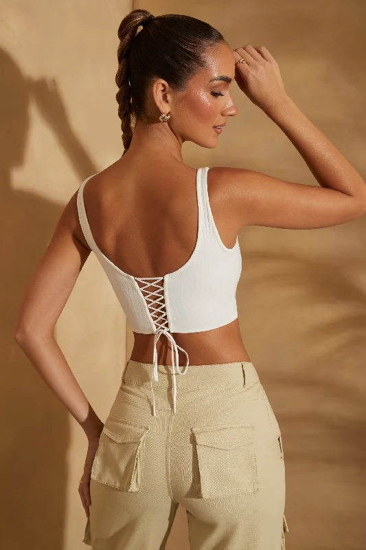 Scoop Neck Lace Up Back Crop Top in White